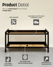 Keplin 2 Tier Bamboo And Rattan Shoe Rack Organiser, Compact Design For Hallway, Stylish And Functional Storage- Black And Natural - thumbnail 5