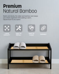 Keplin 2 Tier Bamboo And Rattan Shoe Rack Organiser, Compact Design For Hallway, Stylish And Functional Storage- Black And Natural - thumbnail 8