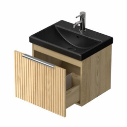 Affine 500mm Fluted Wall Hung Bathroom Vanity Unit Wood Chrome Handle Black Basin - thumbnail 5