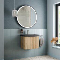 Affine 500mm Fluted Wall Hung Bathroom Vanity Unit Wood Chrome Handle Black Basin - thumbnail 2