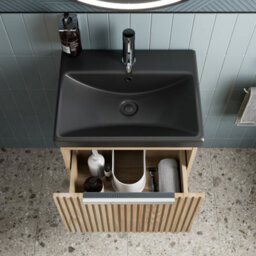 Affine 500mm Fluted Wall Hung Bathroom Vanity Unit Wood Chrome Handle Black Basin - thumbnail 3