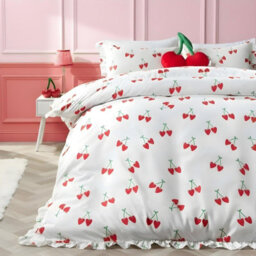 Ohs Cherry Frill Edge Duvet Cover Set With Pillowcase Microfibre Bedding, White - Double - thumbnail 1