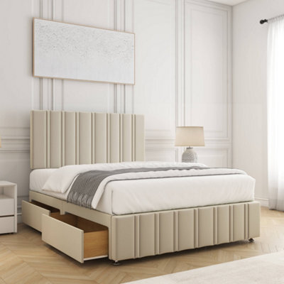 Bsspoke Isabella Divan Bed Set Cream Plush Velvet 24Inch Headboard & Footboard & 4 Drawers & Orthopaedic Mattress In All Sizes - image 1