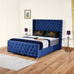 UKBEDFURNITURE Windsor Wingback Blue Plush Valvet Upholstered Bed Frame - Slatted Base With 10 Inch Orthopedic Mattress - 48 Inch Headboard - thumbnail 1