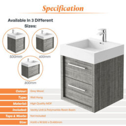 Plum&clay Walter Grey Wood Wall Hung Bathroom Vanity Unit With Polymarble Resin Basin (W)500mm - thumbnail 6