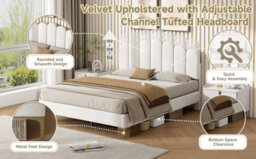 Btm 4Ft6 Double Velvet Bed, Scalloped Tufted Design, Adjustable Headboard, Gold Metal Feet, Beige (No Mattress) - thumbnail 7