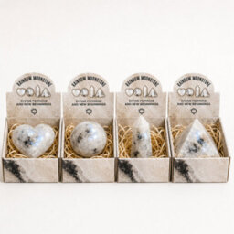 Four Gemstone Shapes Set Rainbow Moonstone Heart, Sphere, Obelisk & Pyramid - thumbnail 1
