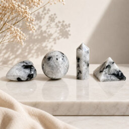 Four Gemstone Shapes Set Rainbow Moonstone Heart, Sphere, Obelisk & Pyramid - thumbnail 4