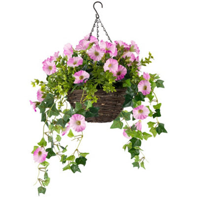 Christow Artificial Petunia Wicker Hanging Basket Uv Resistant Foliage Pink 25Cm - image 1