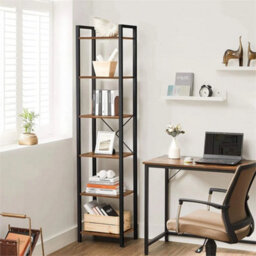 Tall Narrow Industrial Bookcase Vintage Display Unit Slim Rustic Storage Shelves - thumbnail 6