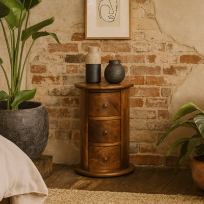 Wyld Haus Olbia Mini Drum Chest, 3-Drawer Solid Mango Wood, Chestnut Finish, Round Bedside Table - image 1