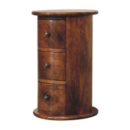 Wyld Haus Olbia Mini Drum Chest, 3-Drawer Solid Mango Wood, Chestnut Finish, Round Bedside Table - thumbnail 3