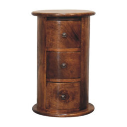 Wyld Haus Olbia Mini Drum Chest, 3-Drawer Solid Mango Wood, Chestnut Finish, Round Bedside Table - thumbnail 2
