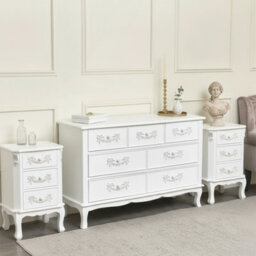 Melody Maison Antique White 7 Drawer Chest Of Drawer & Pair Of 3 Drawer Bedside Tables - Pays Blanc Range - thumbnail 1