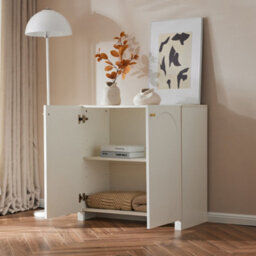 Merax Sideboard Cabinet With 2 Door,  Storage Cupboard With Adjustable Shelf, Gold Handles, Arched Design, White - thumbnail 2