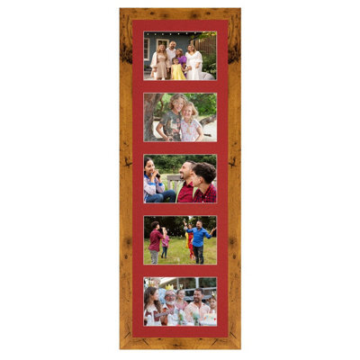 AK Frames 26X8 Rustic Oak Modern Multi Photo Frame With Crimson Mount - Holds 5 Apertures (5X) 6X4 Photos - image 1