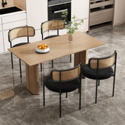 Abrihome Velvet Dining Chair, Set Of 4, Simple Leisure Chair With Four Metal Support Legs, Rattan Leisure Chair, Living Room Chair, Black