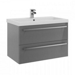 Clifton Bathroom 2-Drawer Wall Hung Vanity Unit With Mid Depth Ceramic Basin 800mm Wide - Storm Grey Gloss  - Brassware Not Included - thumbnail 1