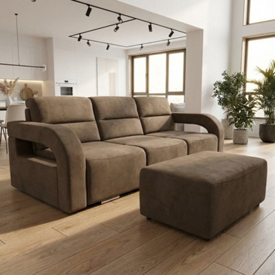 Upholstered Living Room Sofa Bed With Ottoman Foam Filling Wavy Springs Plastic Legs Wooden Frame Beige - image 1