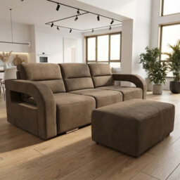 Upholstered Living Room Sofa Bed With Ottoman Foam Filling Wavy Springs Plastic Legs Wooden Frame Beige - thumbnail 1