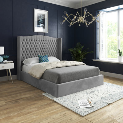 Rana Curved Top Winged Upholstered Soft Velvet Bed Frame - Grey - image 1