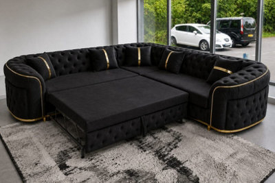 Stratus Interiors Ambassador Luxury Velvet Corner Sofa Bed With Gold Trim Detail - image 1