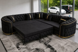 Stratus Interiors Ambassador Luxury Velvet Corner Sofa Bed With Gold Trim Detail