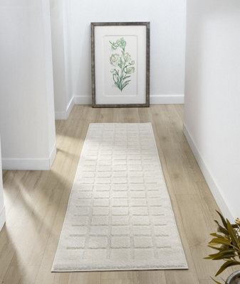 Aya Living Room Area Rugs - Embossed Cubed Design Cream 60Cm X 220Cm - image 1