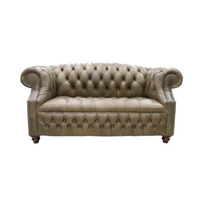 Chesterfield 2 Seater Buttoned Seat Sofa Cracked Wax Tan Leather In Buckingham Style - image 1