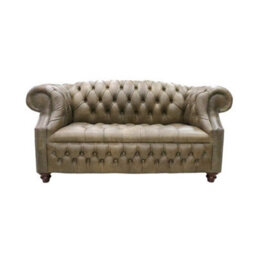 Chesterfield 2 Seater Buttoned Seat Sofa Cracked Wax Tan Leather In Buckingham Style - thumbnail 1