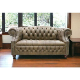 Chesterfield 2 Seater Buttoned Seat Sofa Cracked Wax Tan Leather In Buckingham Style - thumbnail 2