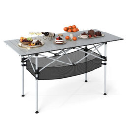 Gainoom Patio Folding Camping Table Silver Portable Picnic Table W/mesh Basket - thumbnail 1