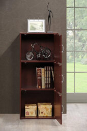 3-Shelf Bookcase, Hodedah Stylish Storage With Door And Handles, Mahogany