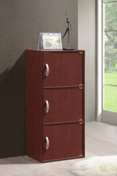 3-Shelf Bookcase, Hodedah Stylish Storage With Door And Handles, Mahogany - thumbnail 4