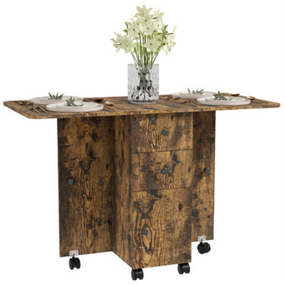 Rustic Brown Folding Dining Table With Drop Leaf For 4-6 Rolling Kitchen Table - image 1