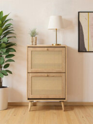 Swish Furniture Manila Oak Rattan 2 Door Flip Down Shoe Storage Cabinet Rack Hallway Furniture