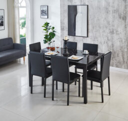 Modernique Emillia Mdf Marble Effect Dining Table With 6 Faux Leather Chairs In Black - thumbnail 2
