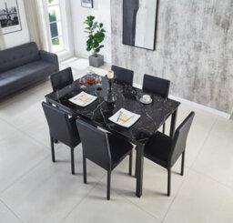 Modernique Emillia Mdf Marble Effect Dining Table With 6 Faux Leather Chairs In Black