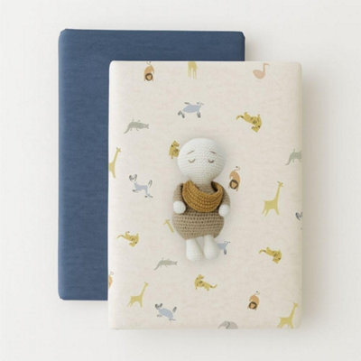 MHG Living 100% Cotton Jersey Fitted Cot Sheet - Soft, Breathable Baby Bedding - Denim Blue & Animal Print - Fits 120X60Cm - image 1