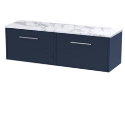 Hudson Reed Juno Wall Hung 2 Drawer Vanity & Carrera Marble Worktop, Midnight Blue Finish, 1205 X 390 mm