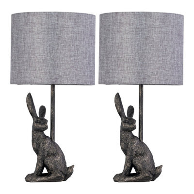 First Choice Lighting Set Of 2 Henrietta - Antique Gold Rabbit Table Lamps Grey Linen Shade - image 1