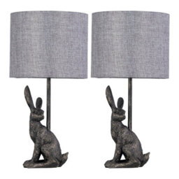 First Choice Lighting Set Of 2 Henrietta - Antique Gold Rabbit Table Lamps Grey Linen Shade - thumbnail 1