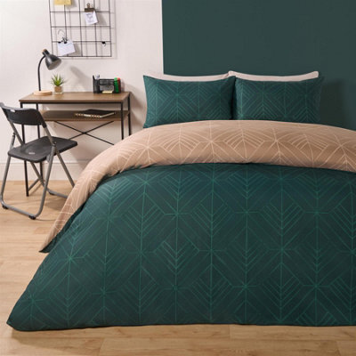 OHS Geo Duvet Cover Bedding Set Pillowcase Reversible Art Deco Quilt, Teal - King