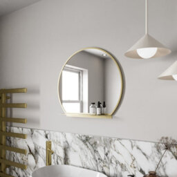 Affine 600mm Round Brushed Brass Bathroom Mirror With Shelf Framed Wall Hung Modern - thumbnail 3
