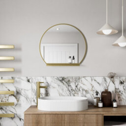 Affine 600mm Round Brushed Brass Bathroom Mirror With Shelf Framed Wall Hung Modern - thumbnail 2
