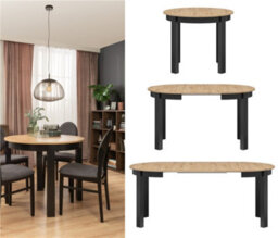 Impact Furniture Round Dining Table Extendable Oval Oak Effect Top Black Legs Seats 4 6 8 10 12 Extending From 105Cm To 240Cm Indus