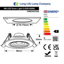 Long Life Lamps Company 5W Adjustable Round Led Recessed Ceiling Downlight 6500K Clr20 - thumbnail 2