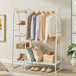 Songmics Vasagle Garment Rail With Shoe Storage, Five Tier Clothing Rack, Side Hooks, Bedroom Organizer, Cloud White And Matte White - thumbnail 1
