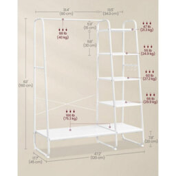 Songmics Vasagle Garment Rail With Shoe Storage, Five Tier Clothing Rack, Side Hooks, Bedroom Organizer, Cloud White And Matte White - thumbnail 2