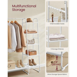 Songmics Vasagle Garment Rail With Shoe Storage, Five Tier Clothing Rack, Side Hooks, Bedroom Organizer, Cloud White And Matte White - thumbnail 3